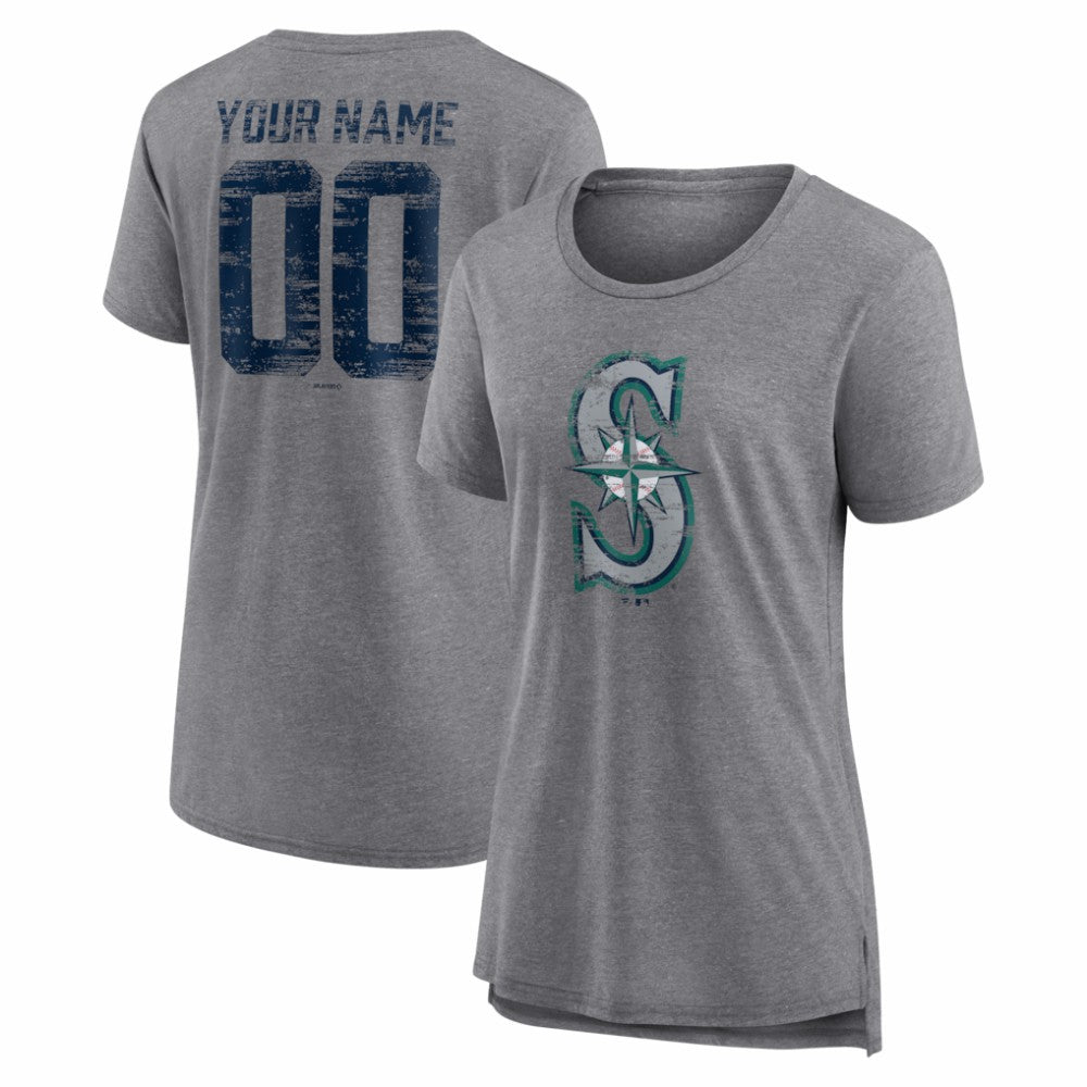 Seattle Mariners Women's Heritage Personalized Any Name & Number Tri-Blend T-Shirt Gray