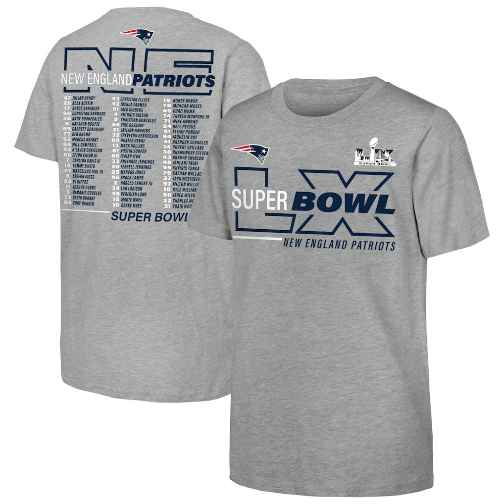 New England Patriots Youth Super Bowl LX Roster T-Shirt - Heather Gray on sale