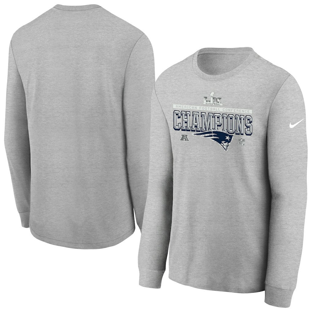 New England Patriots Youth 2025 AFC Champions Locker Room Trophy Collection Long Sleeve T-Shirt - Gray sale