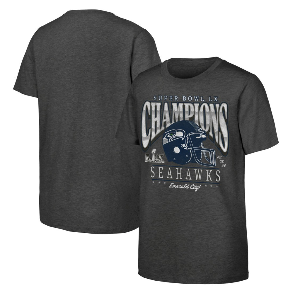 Seattle Seahawks Youth Super Bowl LX Champions Prestigious Run Helmet T-Shirt - Charcoal for sale