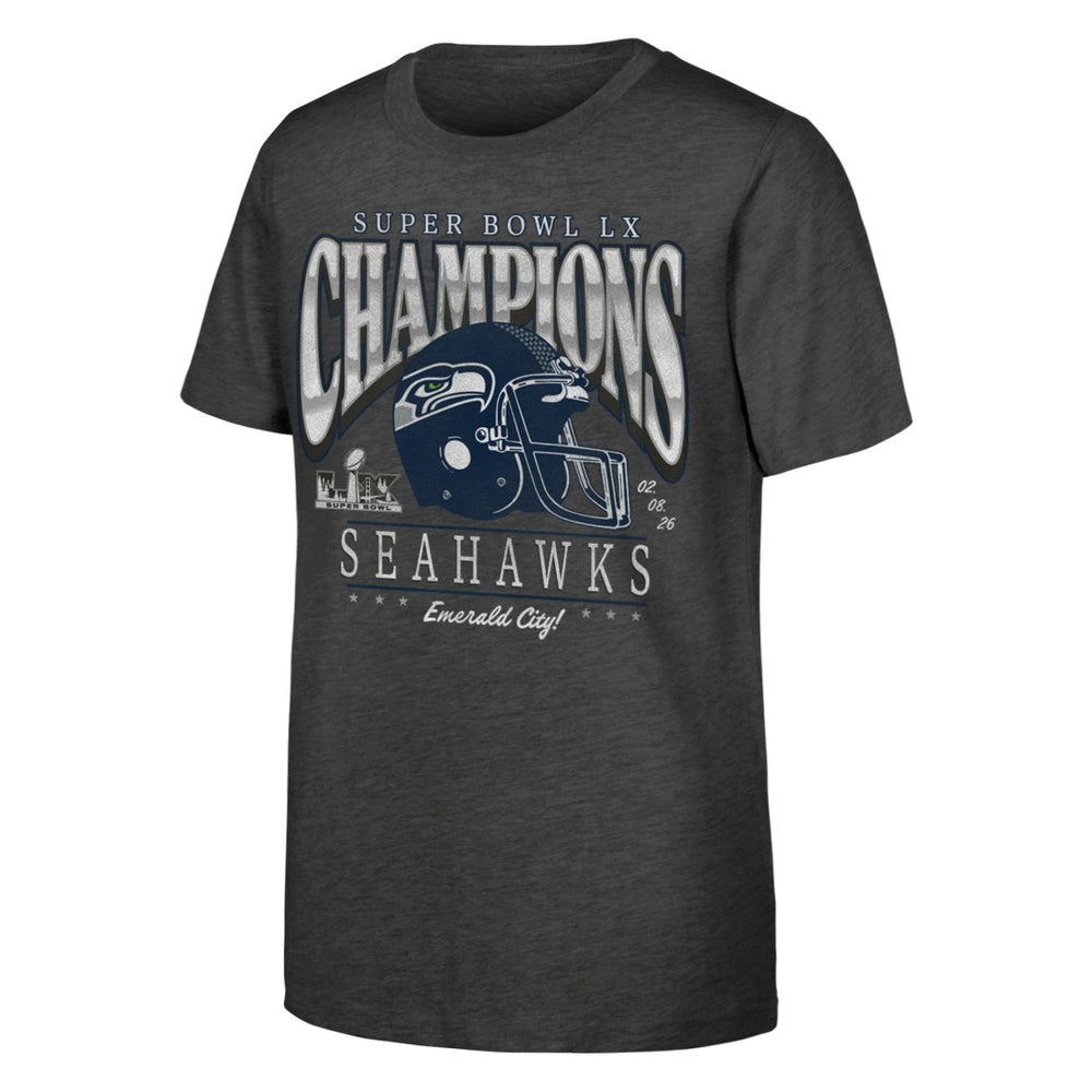 Seattle Seahawks Youth Super Bowl LX Champions Prestigious Run Helmet T-Shirt - Charcoal for sale