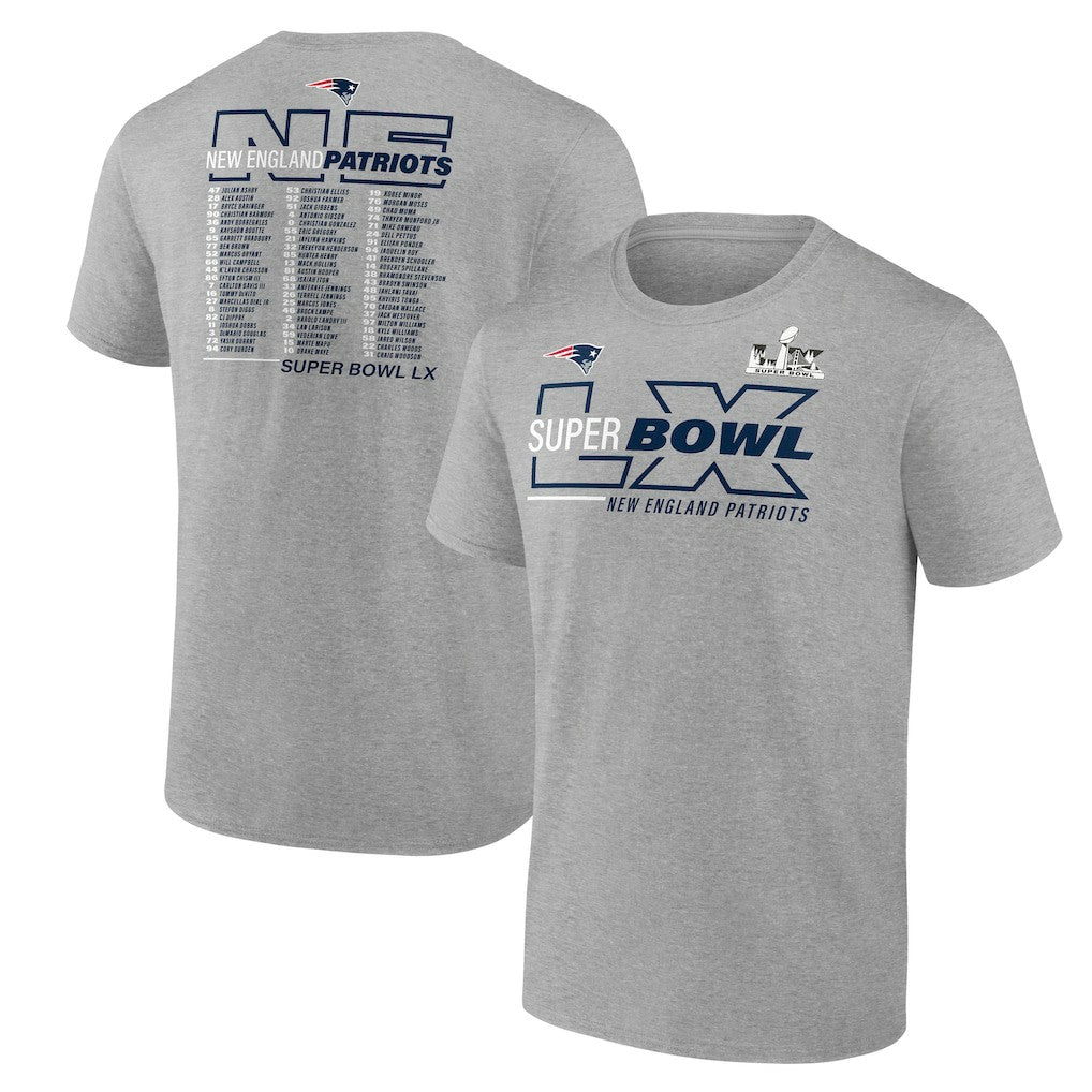 New England Patriots Super Bowl LX Big & Tall Roster T-Shirt - Heather Gray for sale