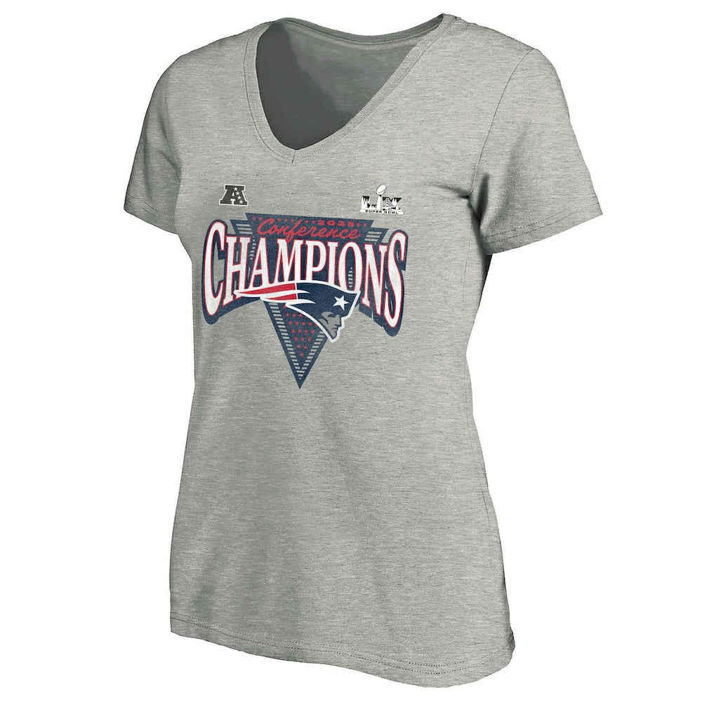 New England Patriots Women's 2025 AFC Champions Plus Size Hail Mary Tri-Blend V-Neck T-Shirt - Heather Gray cheap