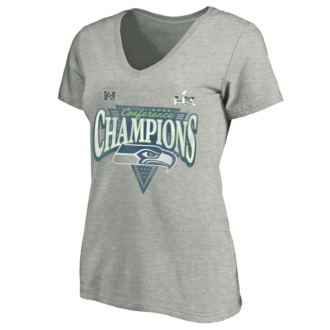 Seattle Seahawks Women's 2025 NFC Champions Plus Size Hail Mary Tri-Blend V-Neck T-Shirt - Heather Gray outlet
