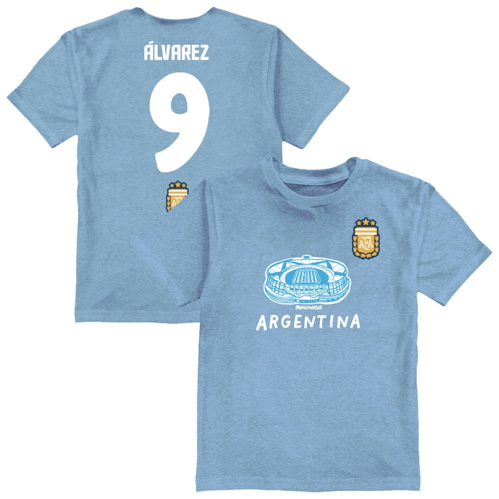 Julián Álvarez Argentina National Team Vive La Fete Toddler Player Name & Number Stadium Style T-Shirt for sale - Light Blue