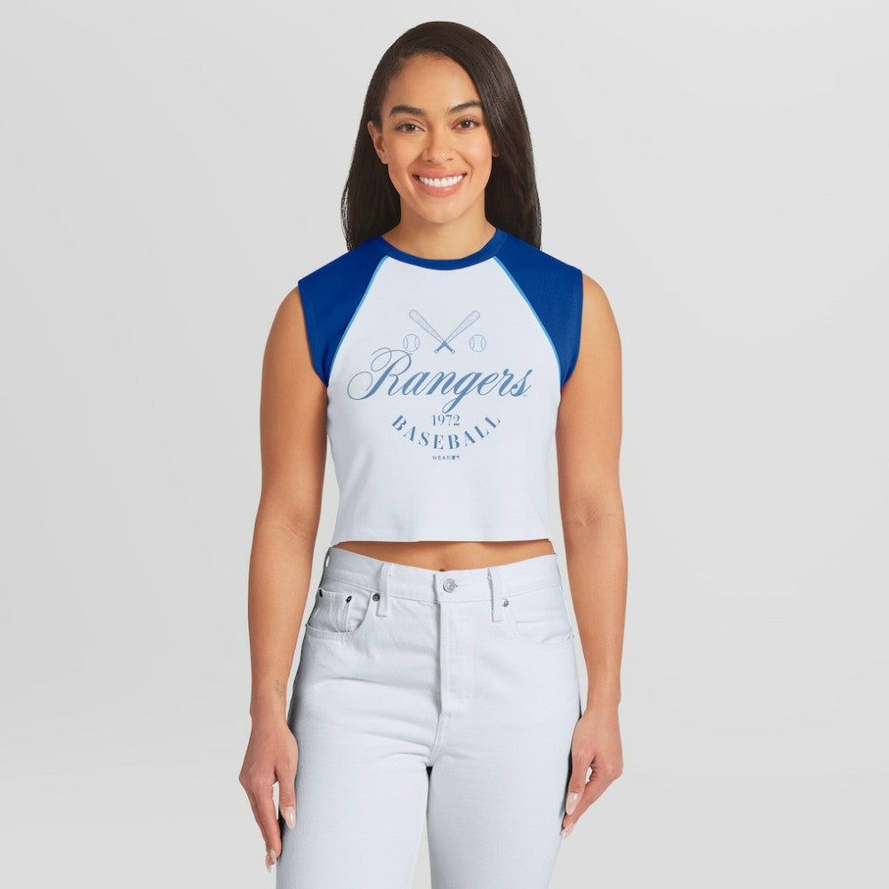 Texas Rangers WEAR by Erin Andrews Women's Cooperstown Cropped Raglan Tank Top White