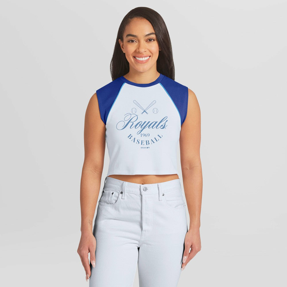 Kansas City Royals WEAR by Erin Andrews Women's Cooperstown Cropped Raglan Tank Top White