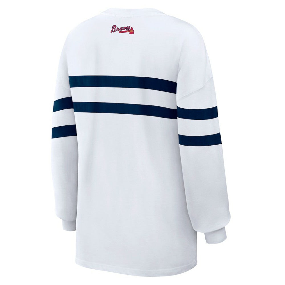 Atlanta Braves WEAR by Erin Andrews Women's Oversized Long Sleeve Striped T-Shirt White