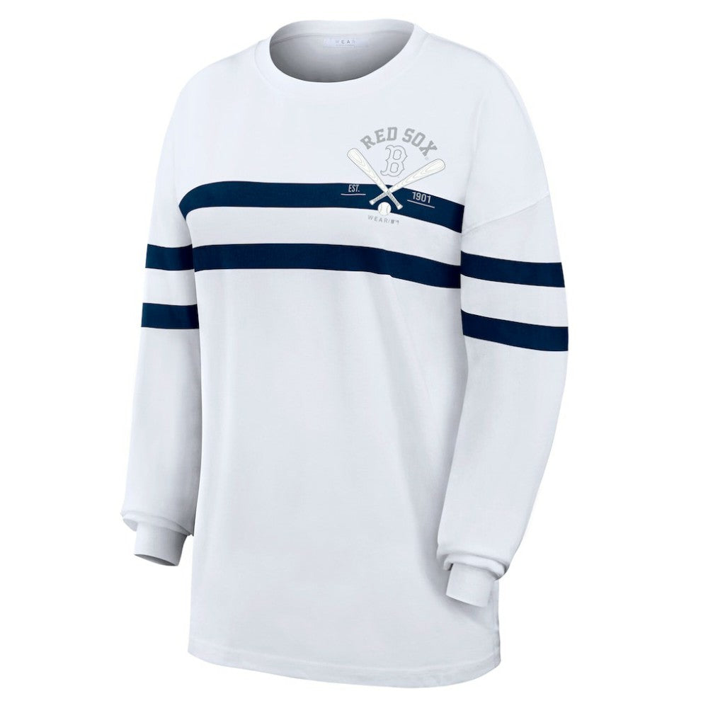 Boston Red Sox WEAR by Erin Andrews Women's Oversized Long Sleeve Striped T-Shirt White