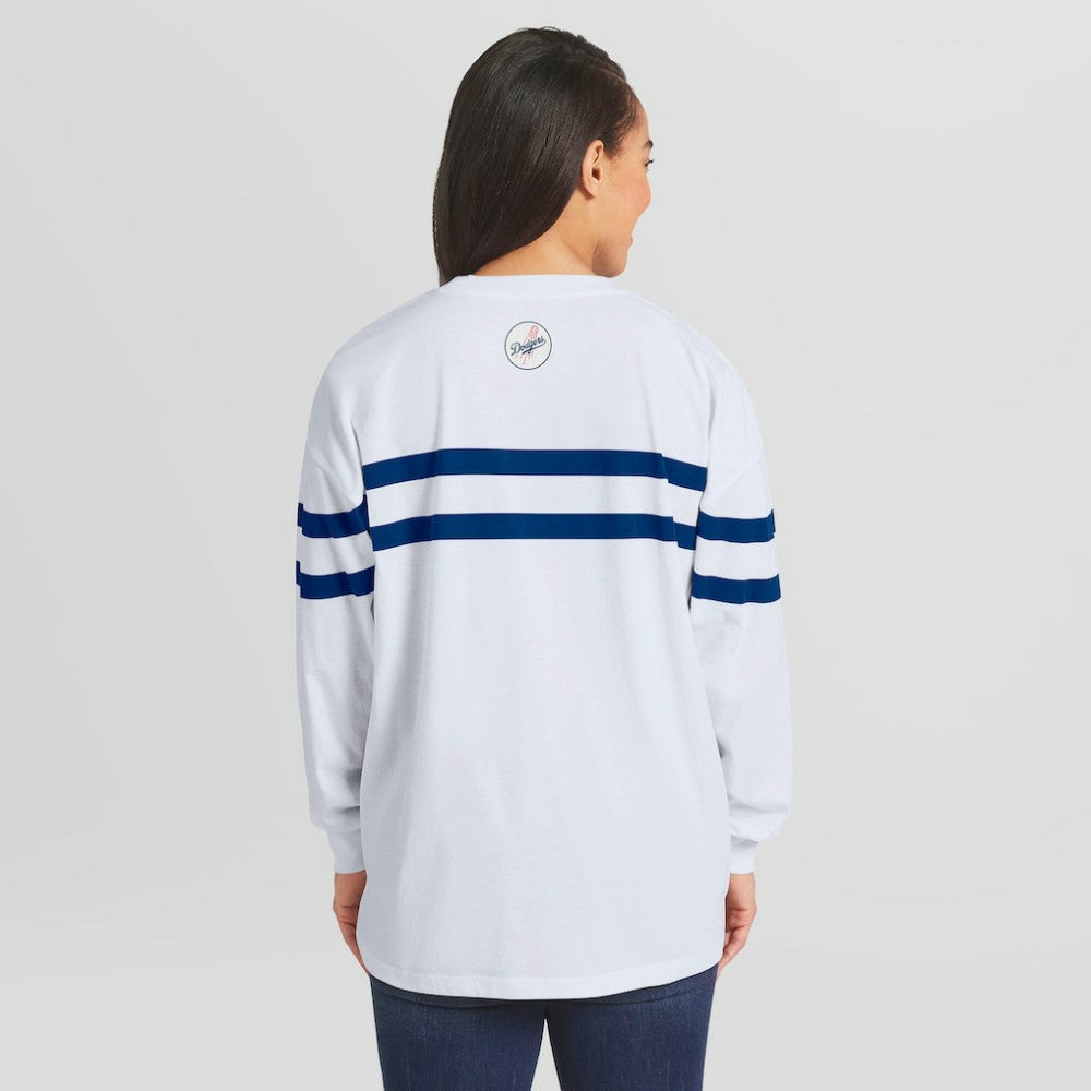 Los Angeles Dodgers WEAR by Erin Andrews Women's Oversized Long Sleeve Striped T-Shirt White