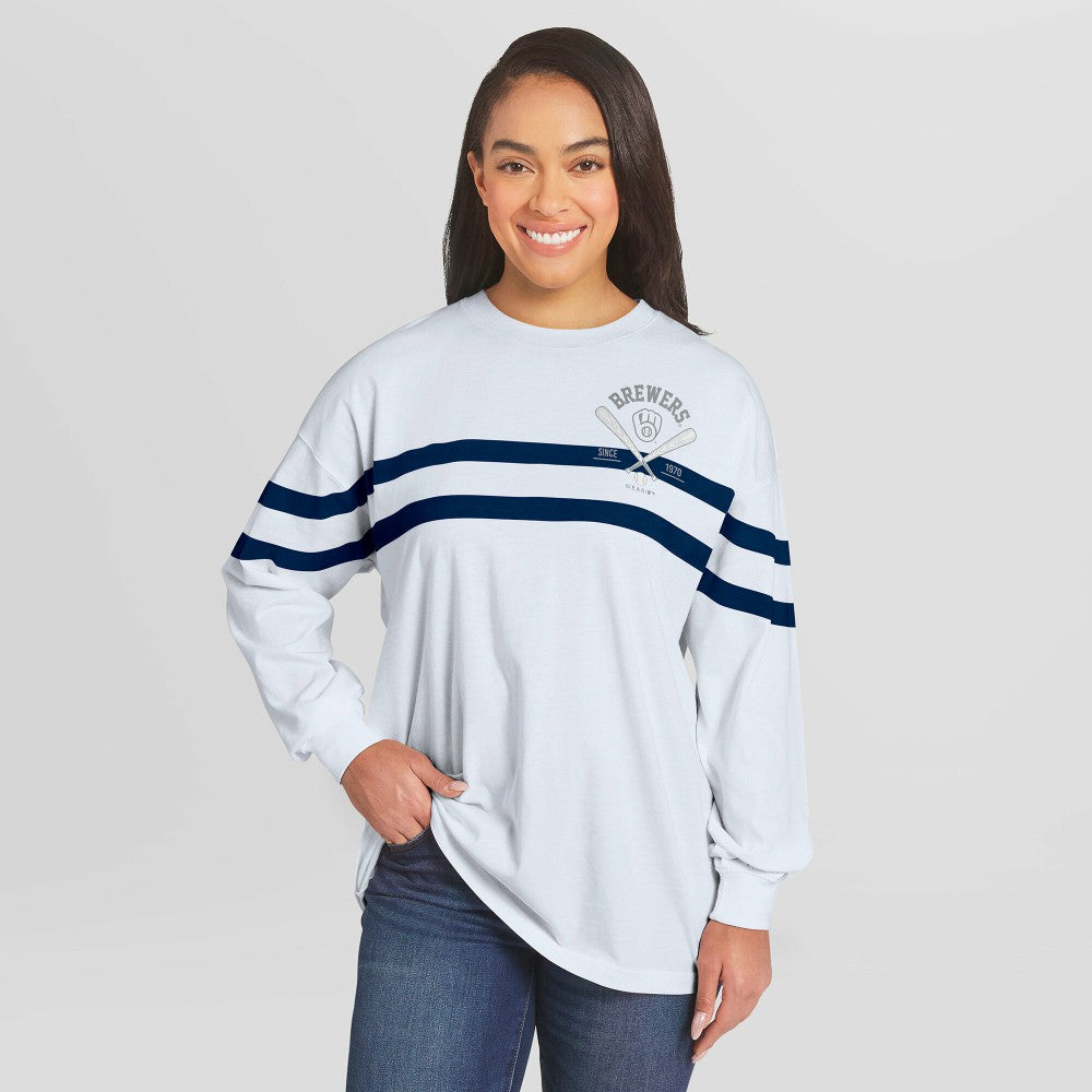 Milwaukee Brewers WEAR by Erin Andrews Women's Oversized Long Sleeve Striped T-Shirt White