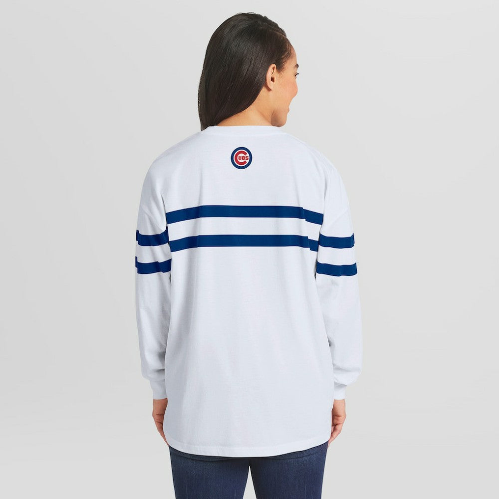 Chicago Cubs WEAR by Erin Andrews Women's Oversized Long Sleeve Striped T-Shirt White
