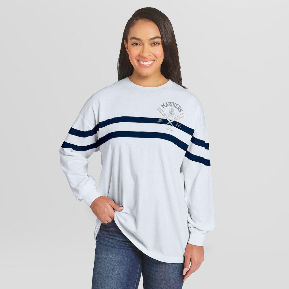 Seattle Mariners WEAR by Erin Andrews Women's Oversized Long Sleeve Striped T-Shirt White