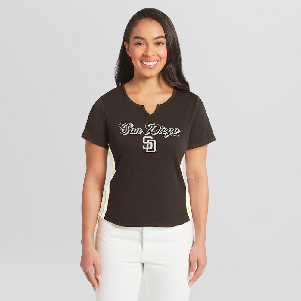 San Diego Padres WEAR by Erin Andrews Women's Notch Neck Cropped T-Shirt Brown