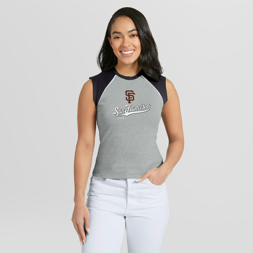 San Francisco Giants WEAR by Erin Andrews Women's Cropped Raglan Tank Top Heather Gray