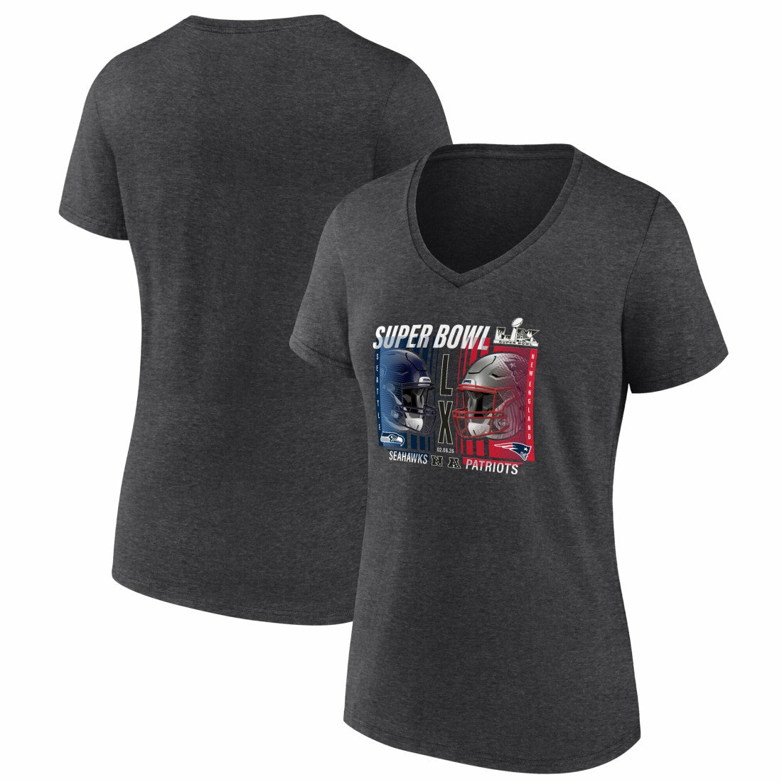 New England Patriots vs. Seattle Seahawks Women's Super Bowl LX Matchup Plus Size Final Battle V-Neck T-Shirt - Heather Charcoal for sale