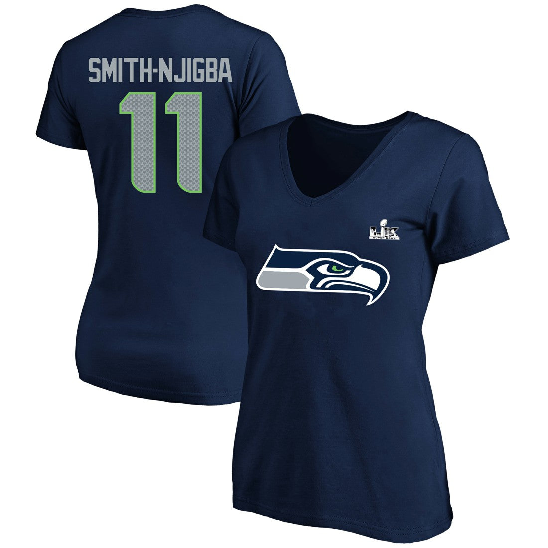 Jaxon Smith-Njigba Seattle Seahawks Women's Super Bowl LX Patch Plus Size Name & Number V-Neck T-Shirt - College Navy cheap