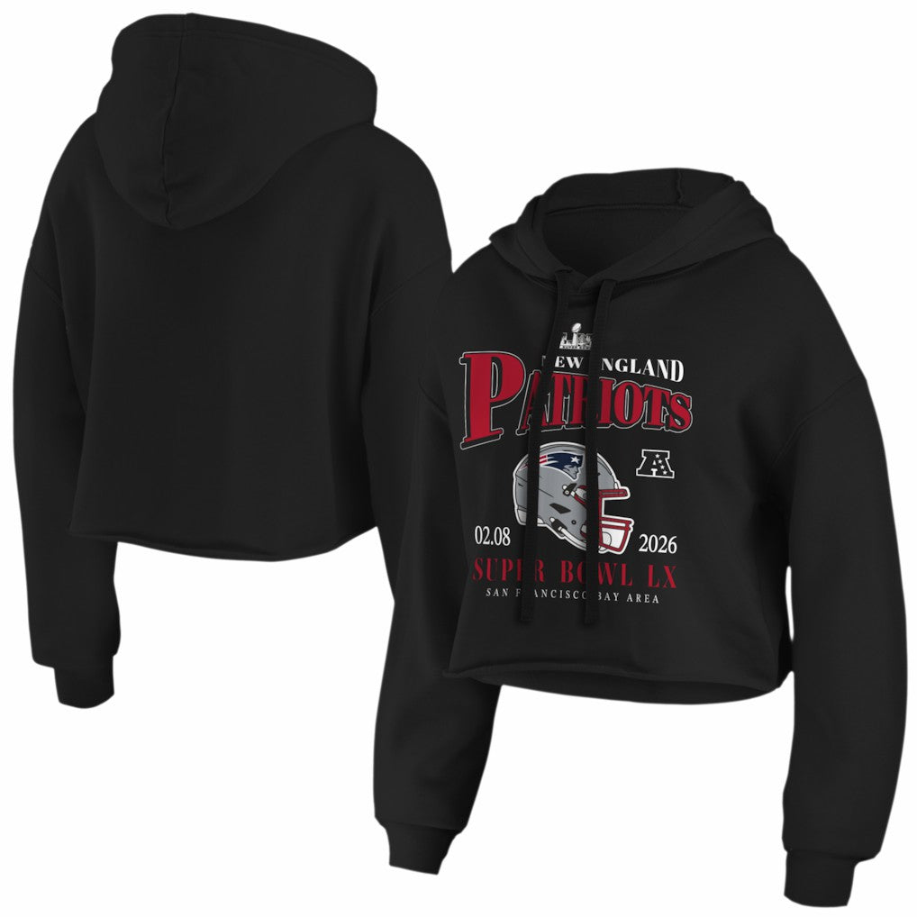 New England Patriots WEAR by Erin Andrews Women's Super Bowl LX Cropped Hoodie - Black on sale