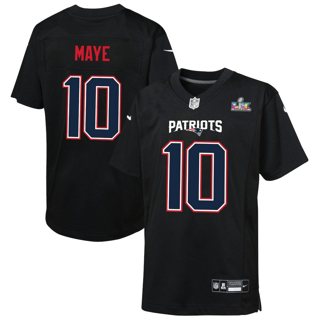 Drake Maye New England Patriots Youth Super Bowl LX Patch Carbon Fashion Game Jersey - Black on sale