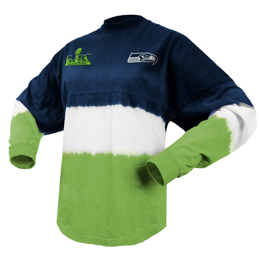 Seattle Seahawks Spirit Jersey Women's Super Bowl LX Champions Horizontal Ombre Long Sleeve T-Shirt - College Navy/Neon Green sale
