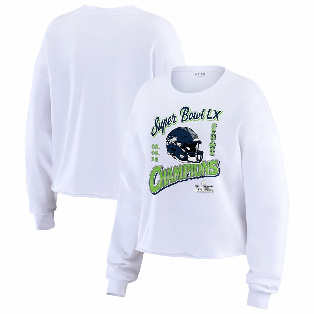 Seattle Seahawks WEAR by Erin Andrews Women's Super Bowl LX Champions Cropped Long Sleeve T-Shirt - White cheap