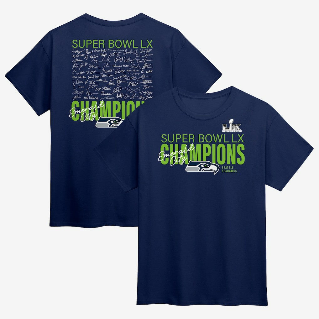 Seattle Seahawks Super Bowl LX Champions Big & Tall Autograph Signing Roster T-Shirt - College Navy discount