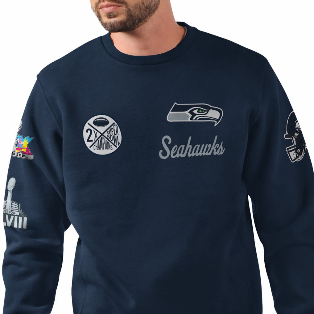 Seattle Seahawks Starter Two-Time Super Bowl Champions Classic Fleece Sweatshirt - College Navy outlet