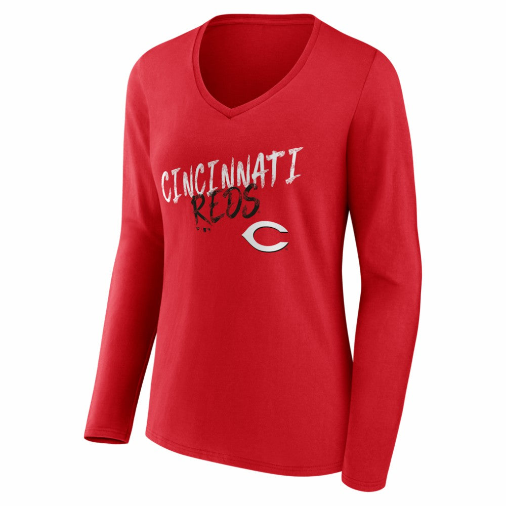 Cincinnati Reds Women's Hustle Personalized Name & Number Long Sleeve V-Neck T-Shirt Red