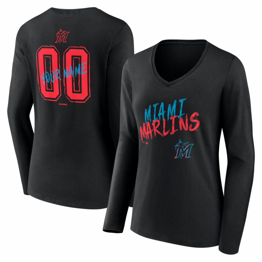 Miami Marlins Women's Hustle Personalized Name & Number Long Sleeve V-Neck T-Shirt Black