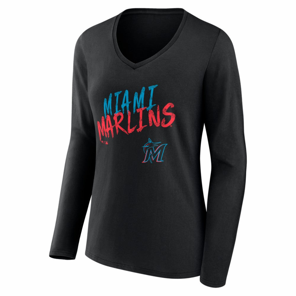 Miami Marlins Women's Hustle Personalized Name & Number Long Sleeve V-Neck T-Shirt Black