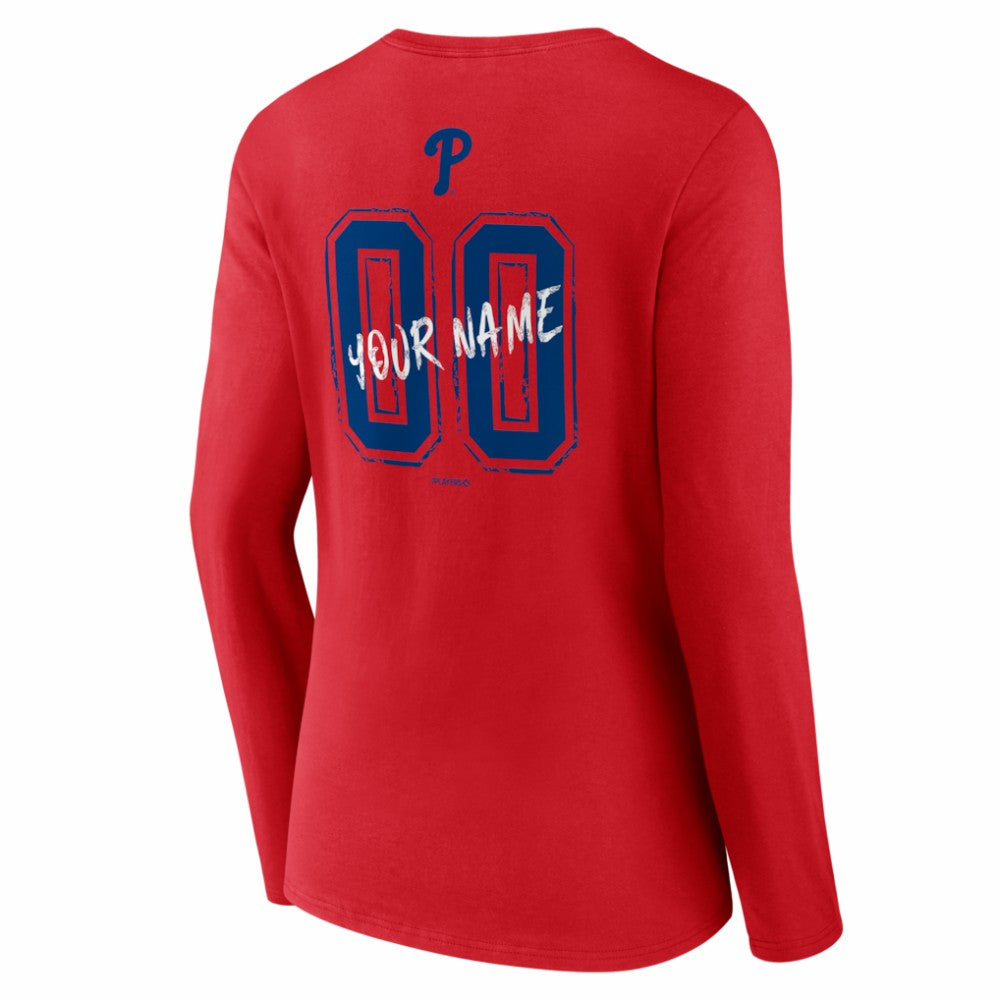 Philadelphia Phillies Women's Hustle Personalized Name & Number Long Sleeve V-Neck T-Shirt Red