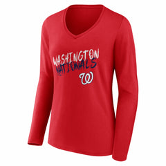 Washington Nationals Women's Hustle Personalized Name & Number Long Sleeve V-Neck T-Shirt Red