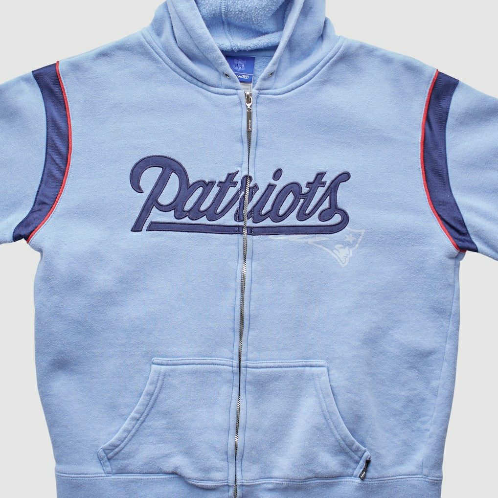 New England Patriots Reebok 2000s Hooded Full Zip Sweatshirt - Light Blue Vintage on sale