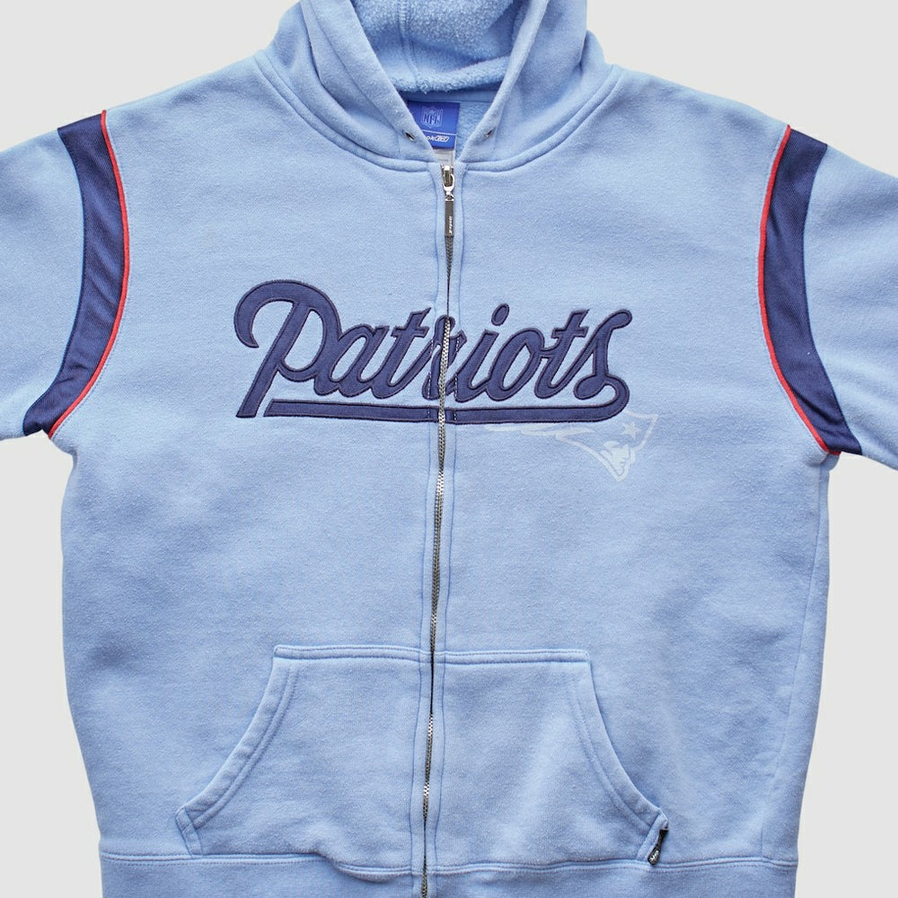 New England Patriots Reebok 2000s Hooded Full Zip Sweatshirt - Light Blue Vintage on sale