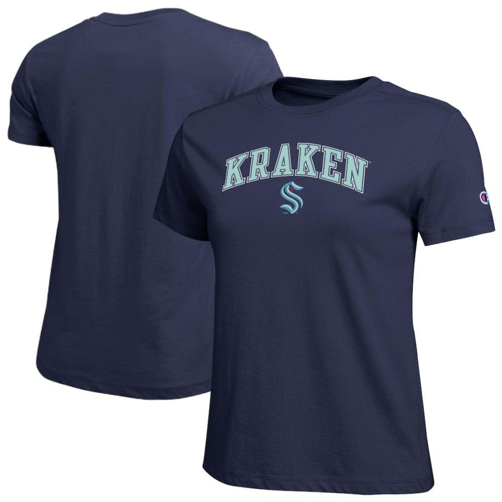 Seattle Kraken Champion Women's Arch Mascot Logo T-Shirt - Navy T-shirts