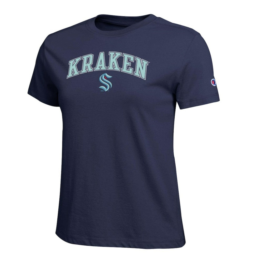 Seattle Kraken Champion Women's Arch Mascot Logo T-Shirt - Navy T-shirts