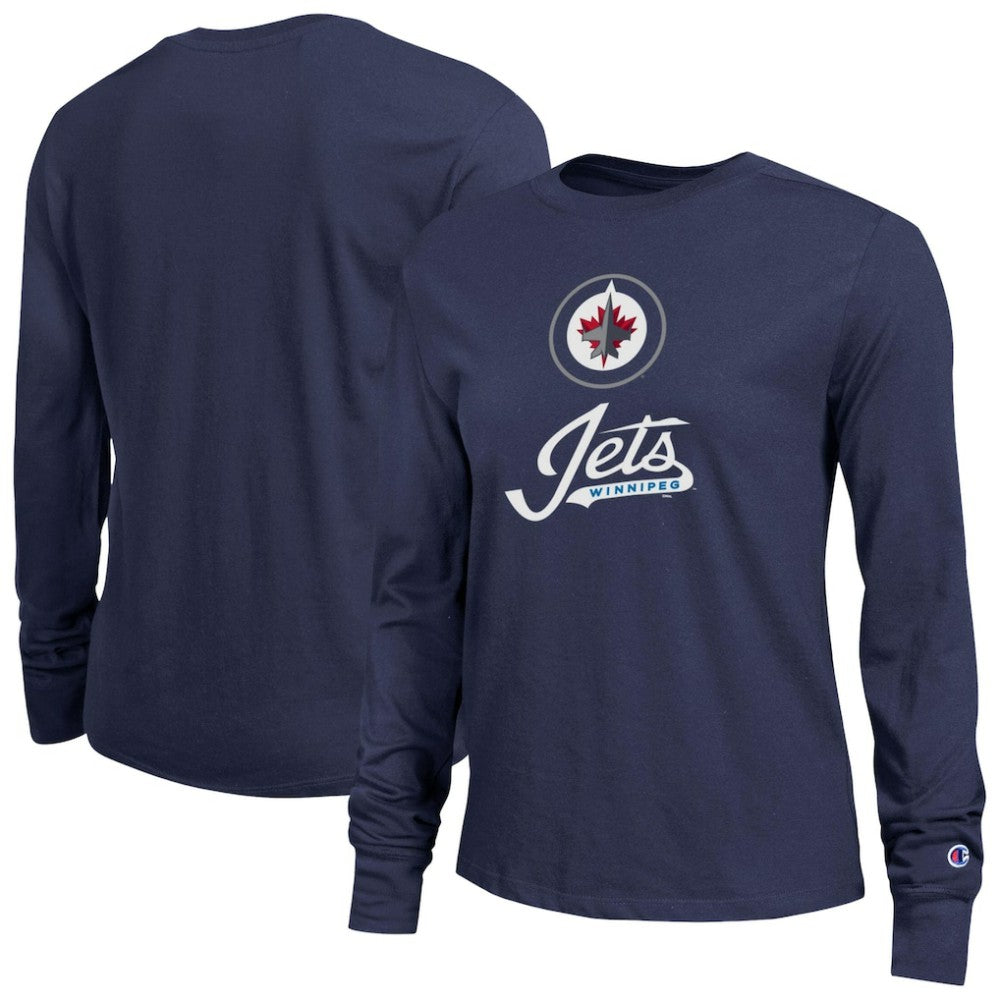 Winnipeg Jets Champion Women's Wordmark Lockup Long Sleeve T-Shirt - Navy T-shirts