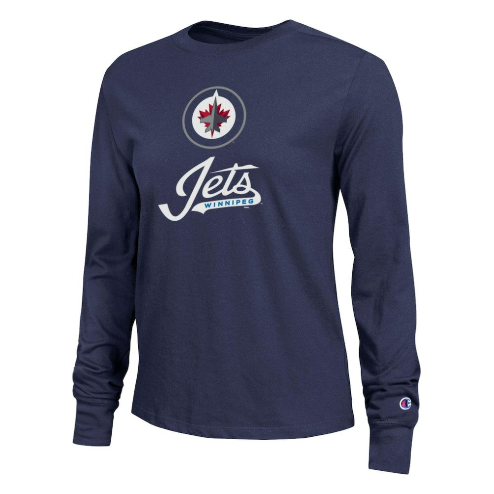Winnipeg Jets Champion Women's Wordmark Lockup Long Sleeve T-Shirt - Navy T-shirts