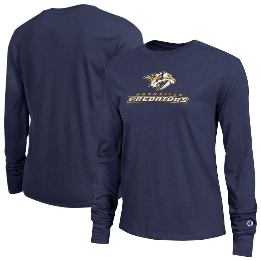 Nashville Predators Champion Women's Wordmark Lockup Long Sleeve T-Shirt - Navy T-shirts