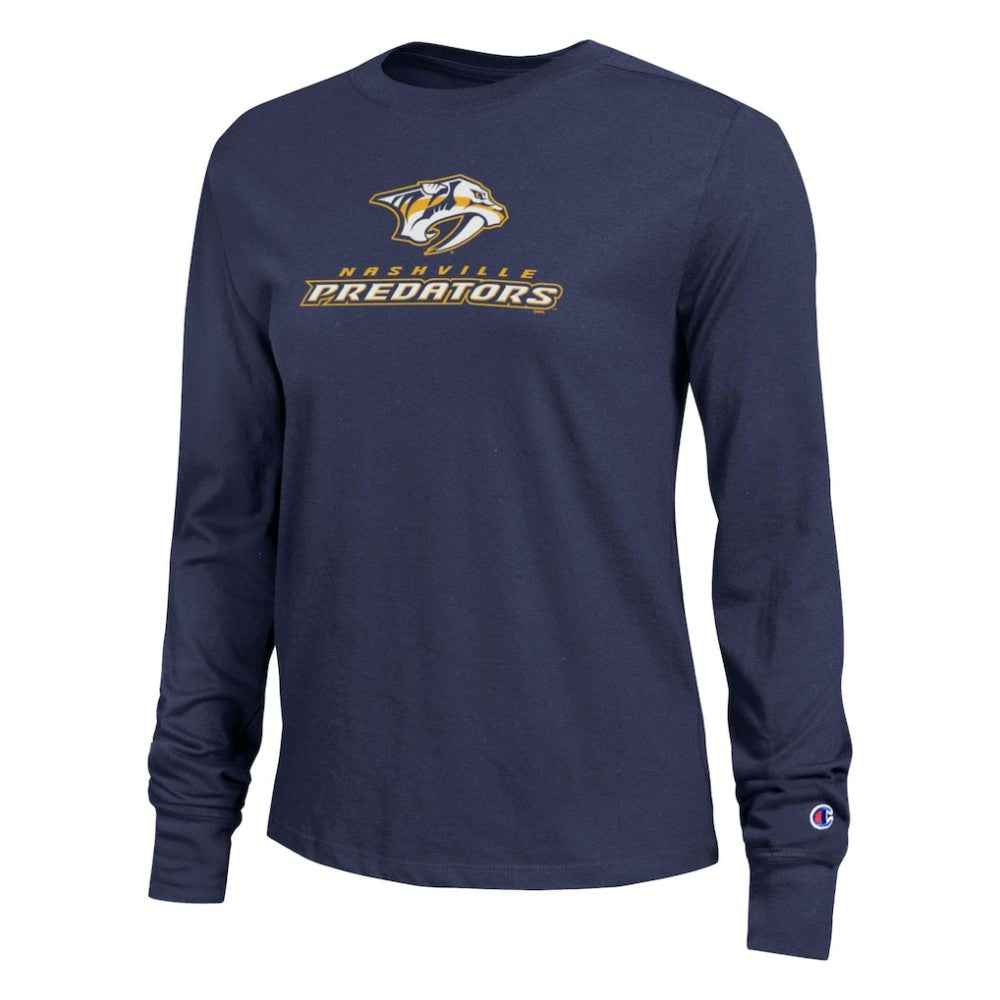 Nashville Predators Champion Women's Wordmark Lockup Long Sleeve T-Shirt - Navy T-shirts