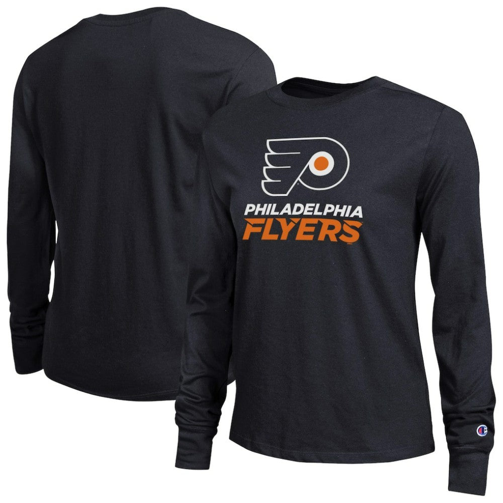 Philadelphia Flyers Champion Women's Wordmark Lockup Long Sleeve T-Shirt - Black T-shirts