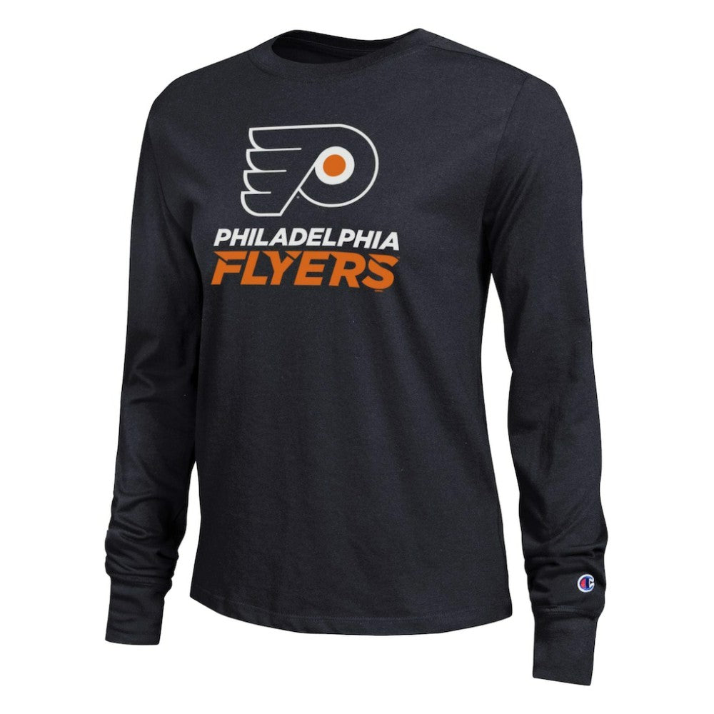Philadelphia Flyers Champion Women's Wordmark Lockup Long Sleeve T-Shirt - Black T-shirts