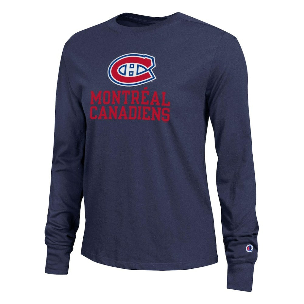 Montreal Canadiens Champion Women's Wordmark Lockup Long Sleeve T-Shirt - Navy T-shirts