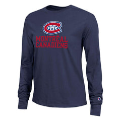 Montreal Canadiens Champion Women's Wordmark Lockup Long Sleeve T-Shirt - Navy T-shirts