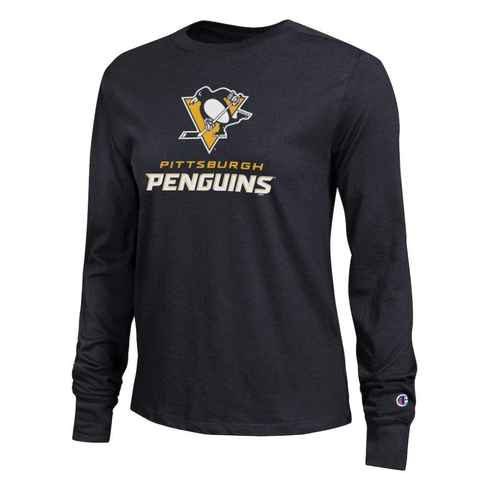 Pittsburgh Penguins Champion Women's Wordmark Lockup Long Sleeve T-Shirt - Black T-shirts