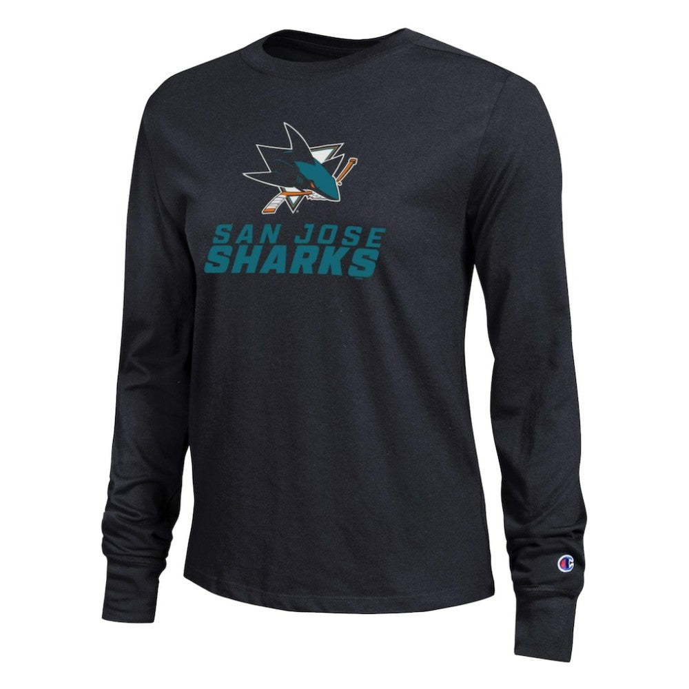San Jose Sharks Champion Women's Wordmark Lockup Long Sleeve T-Shirt - Black T-shirts