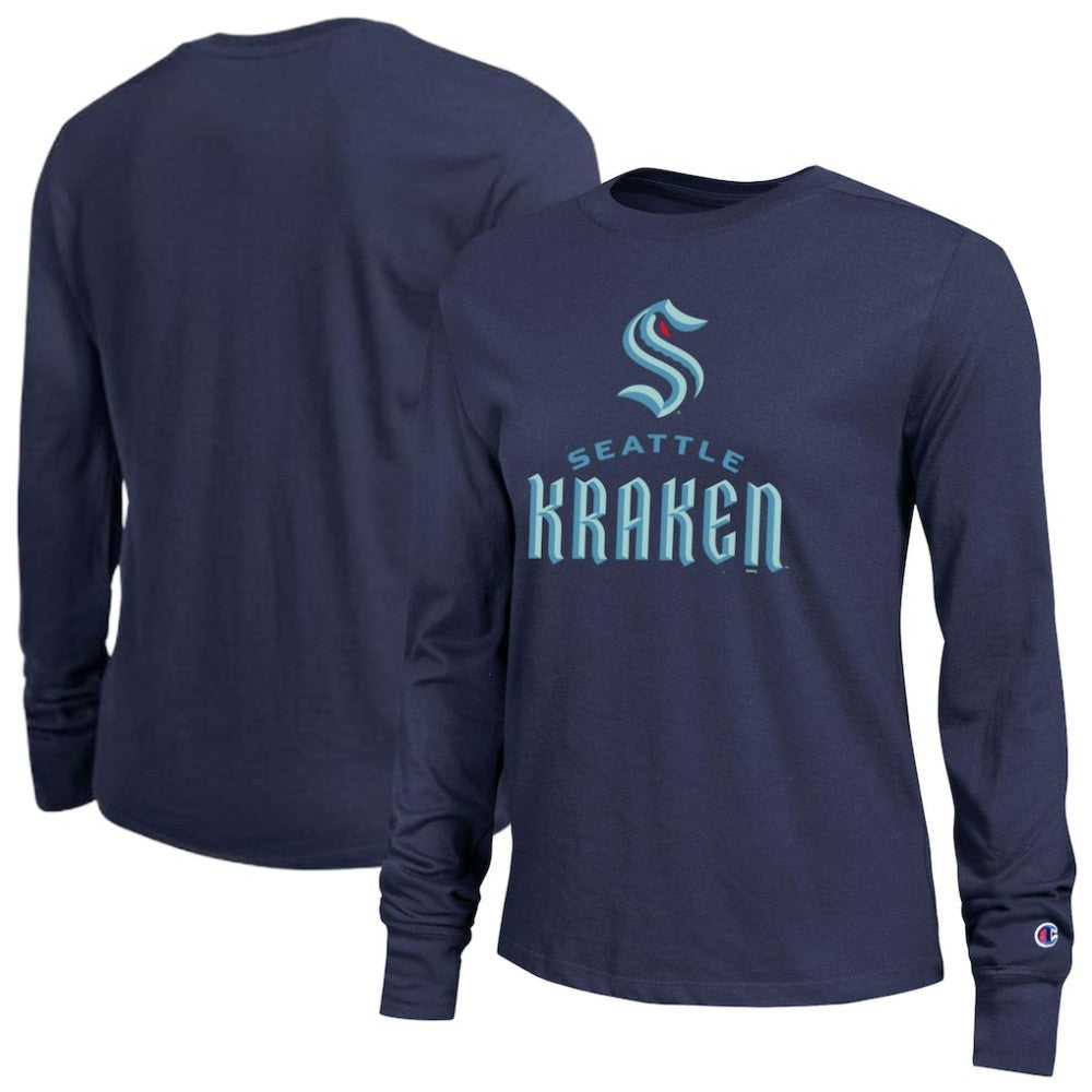 Seattle Kraken Champion Women's Wordmark Lockup Long Sleeve T-Shirt - Navy T-shirts
