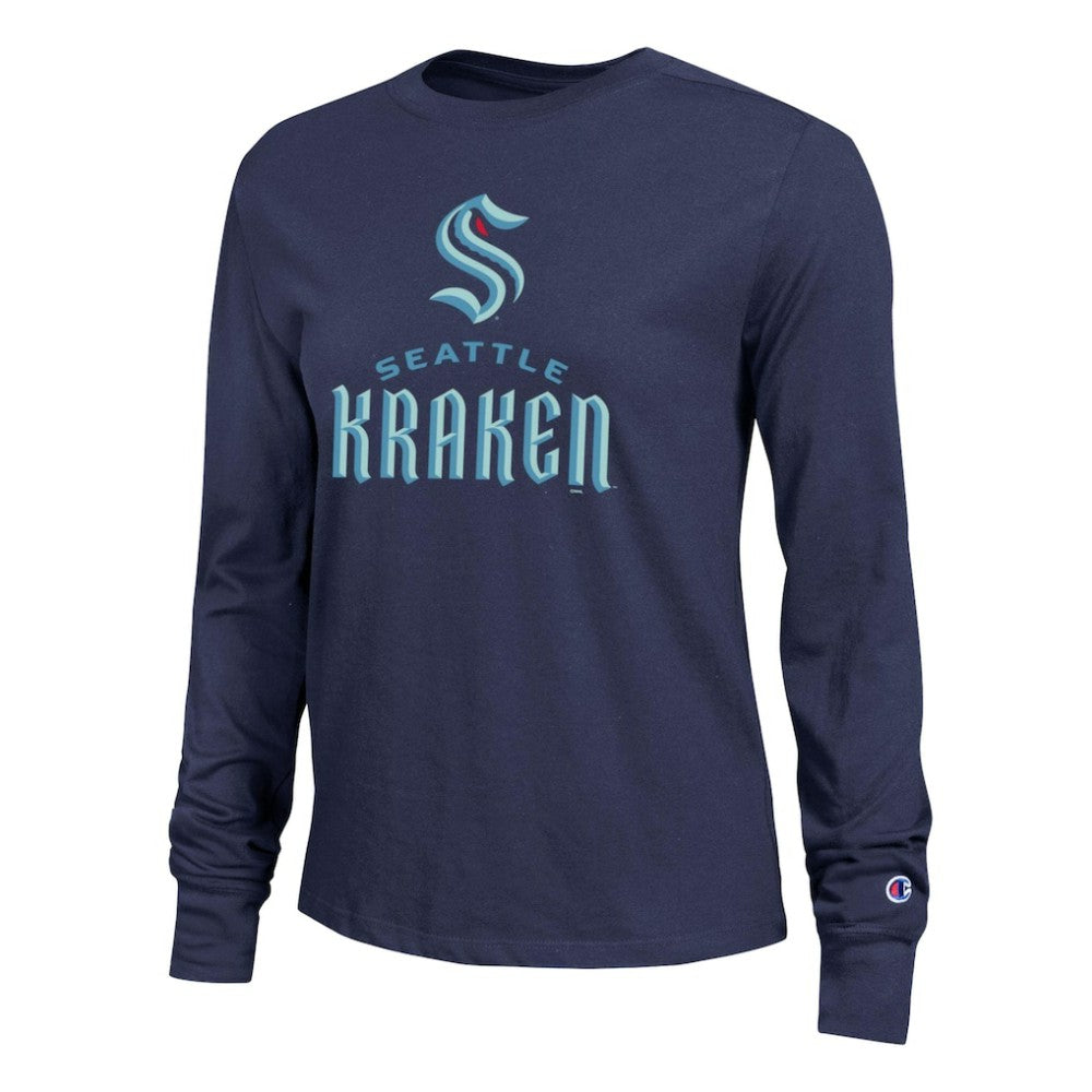 Seattle Kraken Champion Women's Wordmark Lockup Long Sleeve T-Shirt - Navy T-shirts