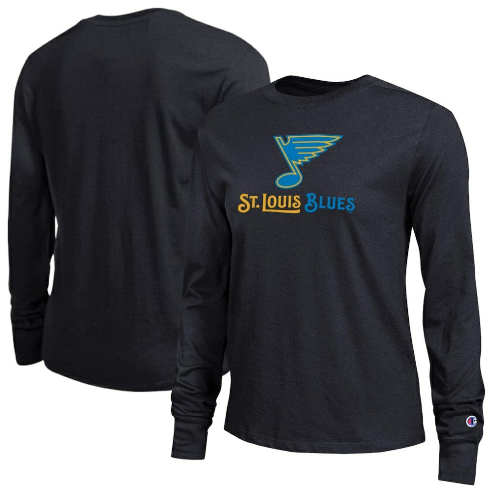 St. Louis Blues Champion Women's Wordmark Lockup Long Sleeve T-Shirt - Black T-shirts