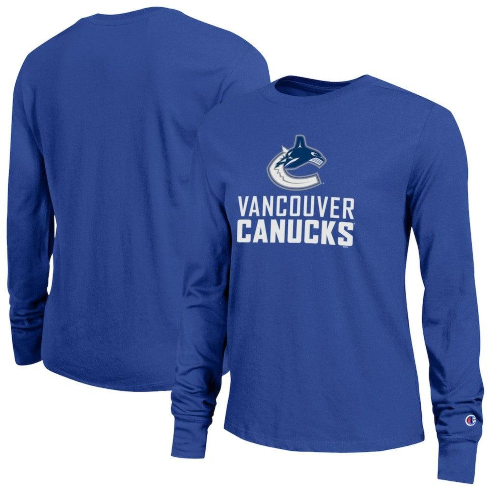 Vancouver Canucks Champion Women's Wordmark Lockup Long Sleeve T-Shirt - Royal T-shirts